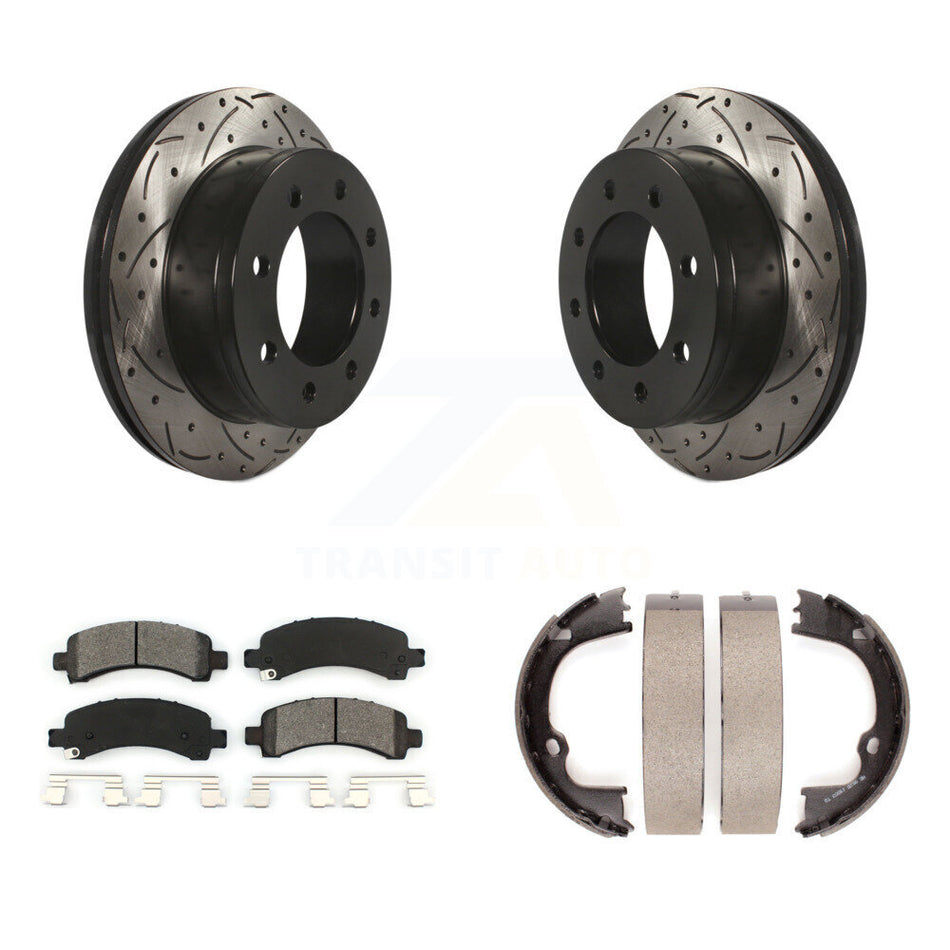 Rear Disc Drilled & Slotted Rotors Semi-Metallic Pads Parking Shoes Kit For Chevrolet GMC KDS-101345