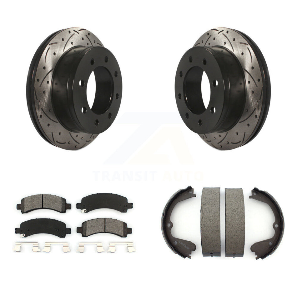 Rear Disc Drilled & Slotted Rotors Semi-Metallic Pads And Parking Brake Shoes Kit For KDS-101348