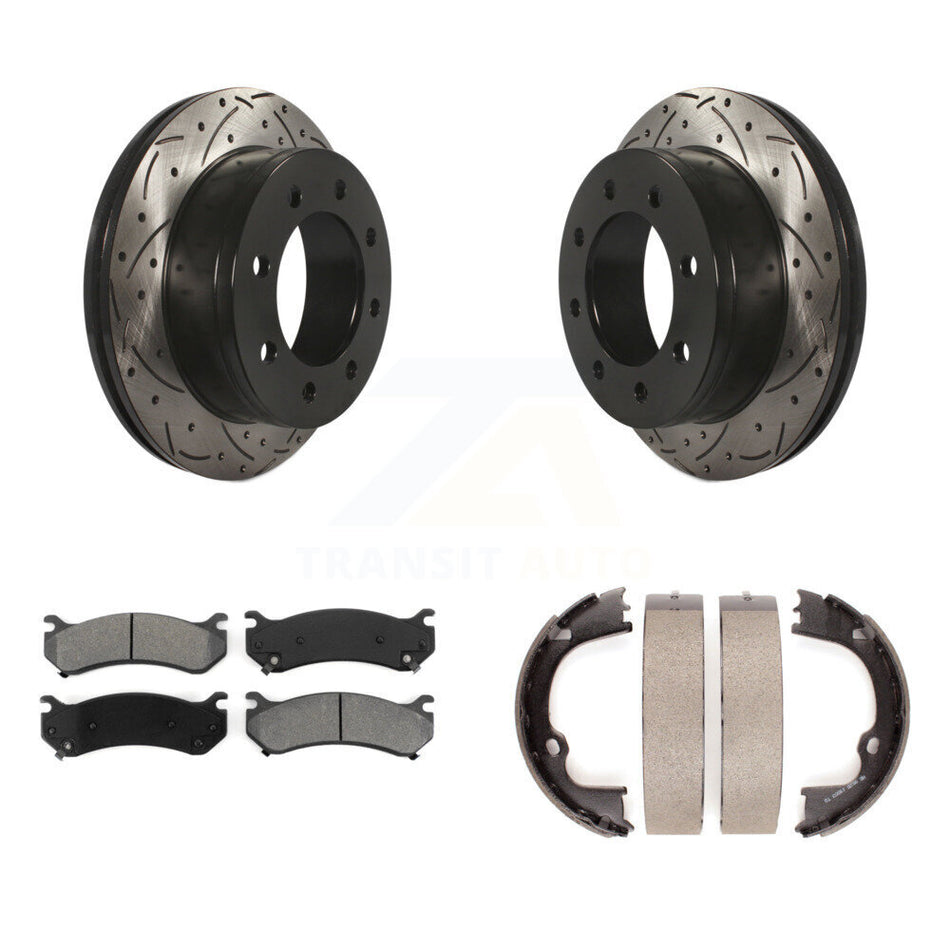 Rear Disc Drilled & Slotted Rotors Semi-Metallic Pads Parking Shoes Kit For GMC Chevrolet KDS-101349