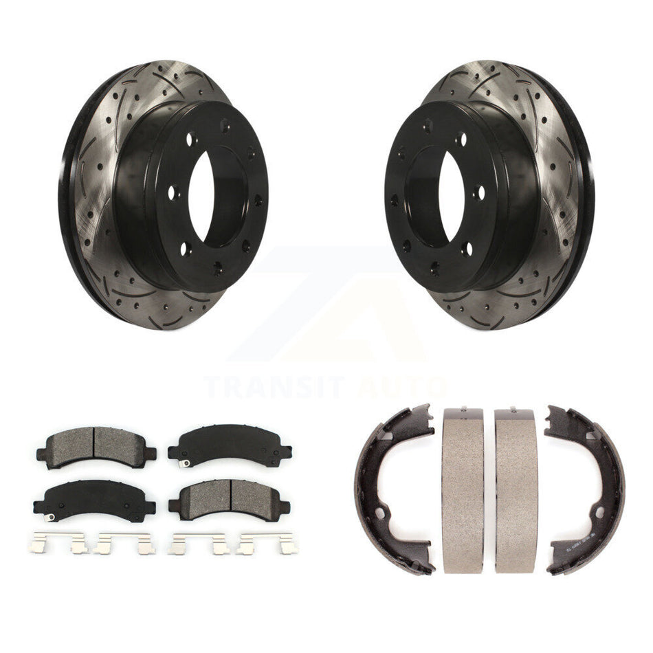 Rear Disc Drilled & Slotted Rotors Semi-Metallic Pads Parking Shoes Kit For Chevrolet GMC KDS-101350