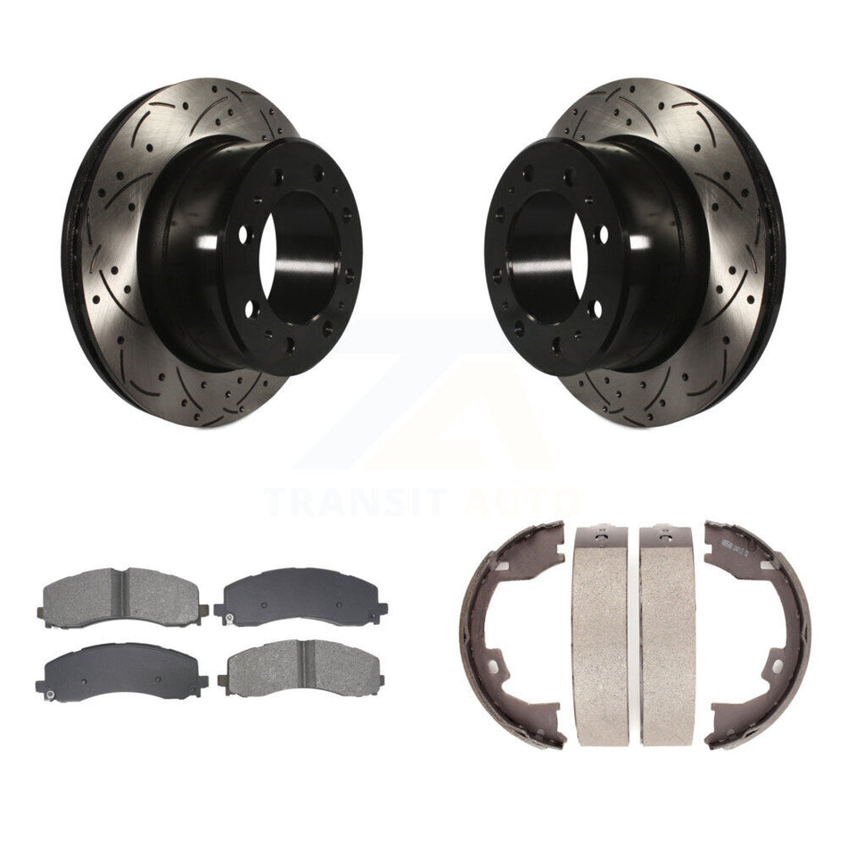 Rear Disc Drilled & Slotted Rotors Semi-Metallic Pads Parking Shoes Kit For Ram 2500 3500 KDS-101355