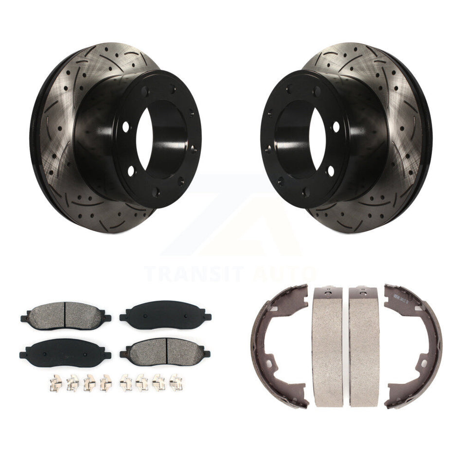 Rear Disc Drilled & Slotted Rotors Semi-Metallic Pads Parking Shoes Kit For Ford F-350 KDS-101358