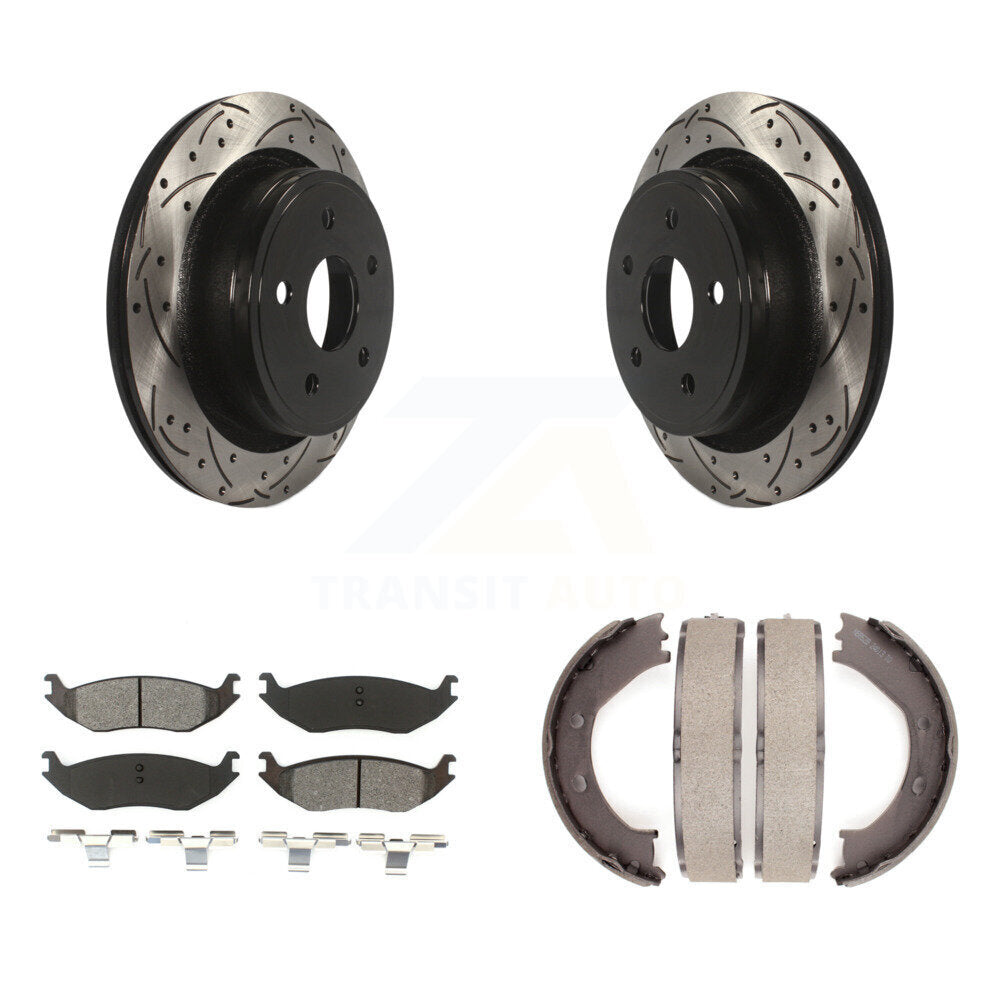 Rear Disc Drilled & Slotted Rotors Semi-Metallic Pads And Parking Shoes Kit For Dodge Ram KDS-101359