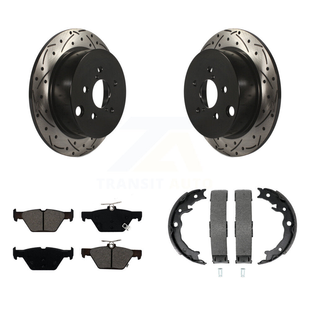 Rear Disc Drilled & Slotted Rotors Semi-Metallic Pads And Parking Brake Shoes Kit For KDS-101369