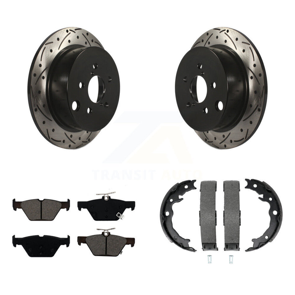 Rear Disc Drilled & Slotted Rotors Semi-Metallic Pads And Parking Brake Shoes Kit For KDS-101369