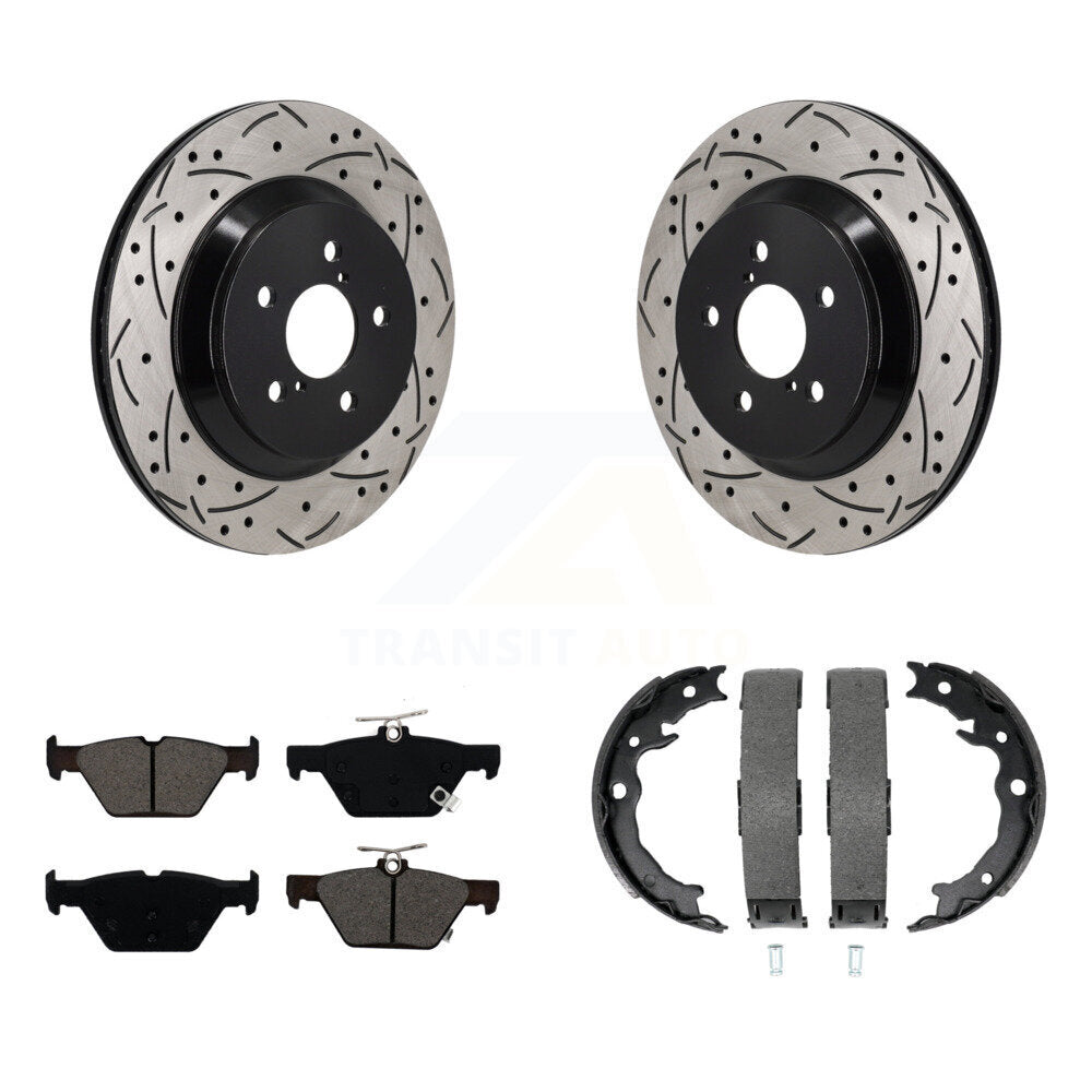 Rear Disc Drilled & Slotted Rotors Semi-Metallic Pads And Parking Brake Shoes Kit For KDS-101370