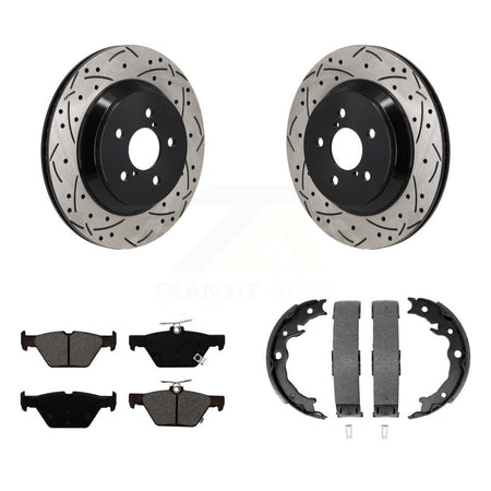 Rear Disc Drilled & Slotted Rotors Semi-Metallic Pads And Parking Brake Shoes Kit For KDS-101370