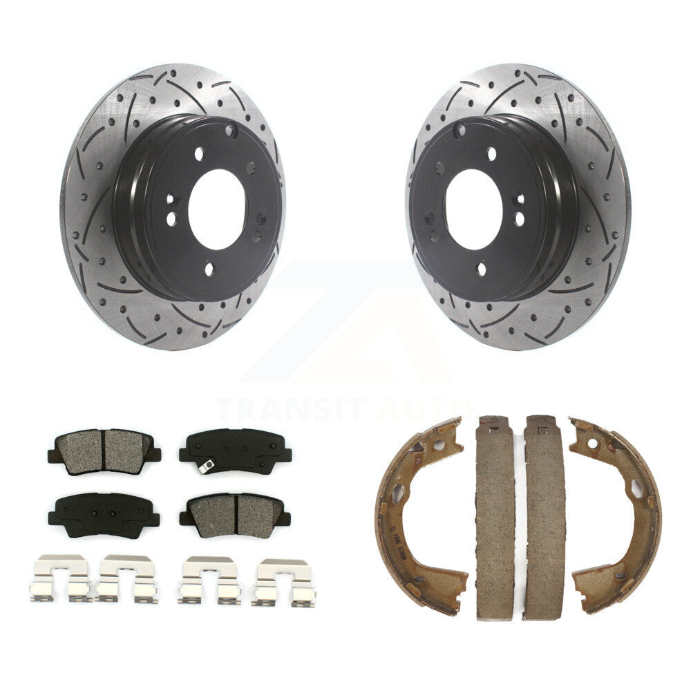 Rear Disc Drilled & Slotted Rotors Semi-Metallic Pads Parking Shoes Kit For Hyundai Kia KDS-101373