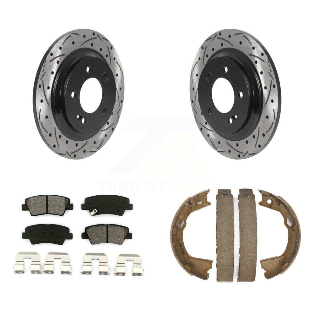 Rear Disc Drilled & Slotted Rotors Semi-Metallic Pads Parking Shoes Kit For Hyundai Azera KDS-101374