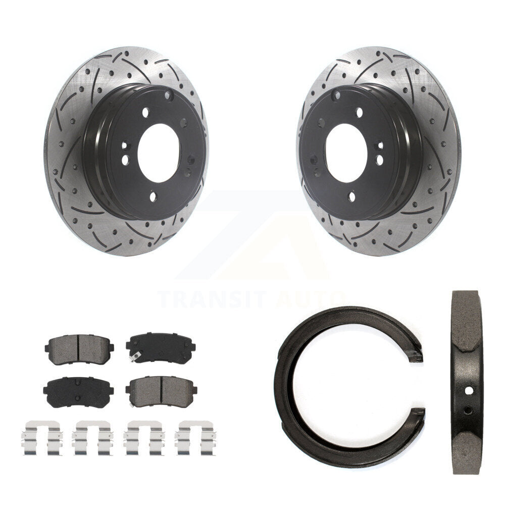 Rear Disc Drilled & Slotted Rotors Semi-Metallic Pads Parking Shoes Kit For Kia Optima KDS-101375
