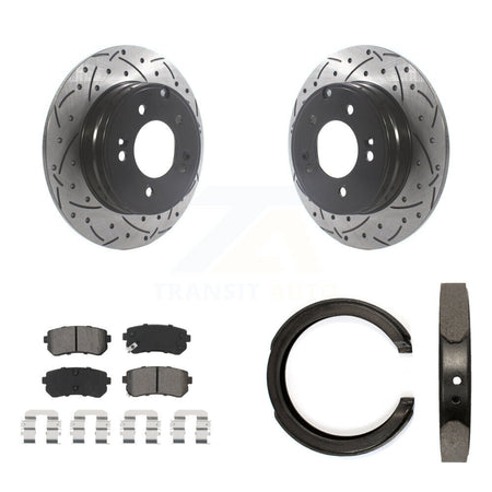 Rear Disc Drilled & Slotted Rotors Semi-Metallic Pads Parking Shoes Kit For Kia Optima KDS-101375