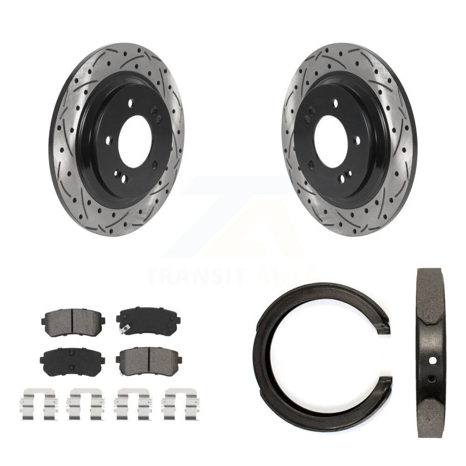 Rear Disc Drilled & Slotted Rotors Semi-Metallic Pads Parking Shoes Kit For Kia Optima KDS-101377