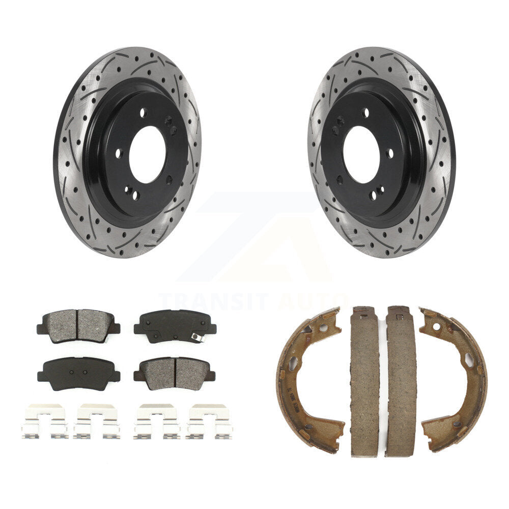 Rear Disc Drilled & Slotted Rotors Semi-Metallic Pads Parking Shoes Kit For Kia Optima KDS-101378