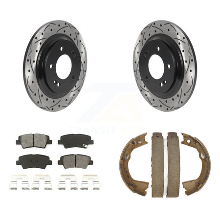 Rear Disc Drilled & Slotted Rotors Semi-Metallic Pads Parking Shoes Kit For Kia Optima KDS-101378