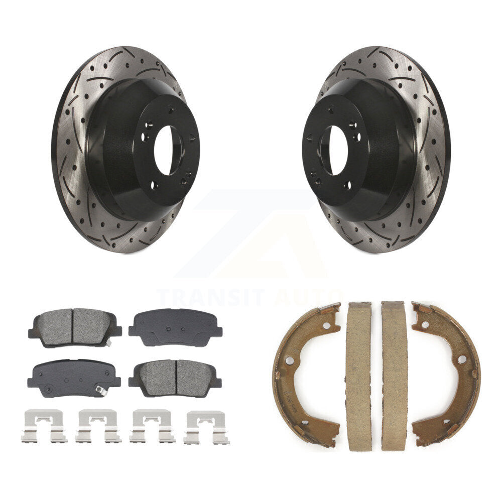 Rear Disc Drilled & Slotted Rotors Semi-Metallic Pads Parking Shoes Kit For Hyundai Santa KDS-101381