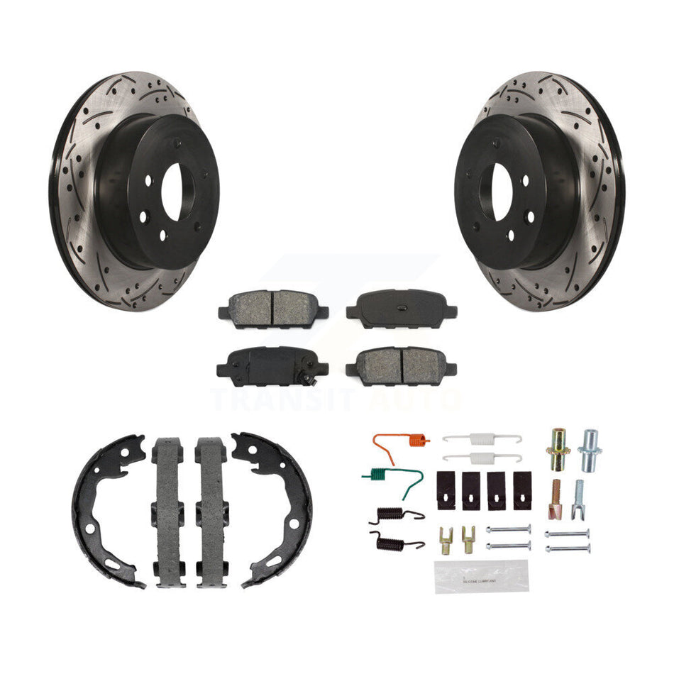 Rear Disc Drilled & Slotted Rotors Semi-Metallic Pads Parking Shoes And Hardware Kit For KDS-101390