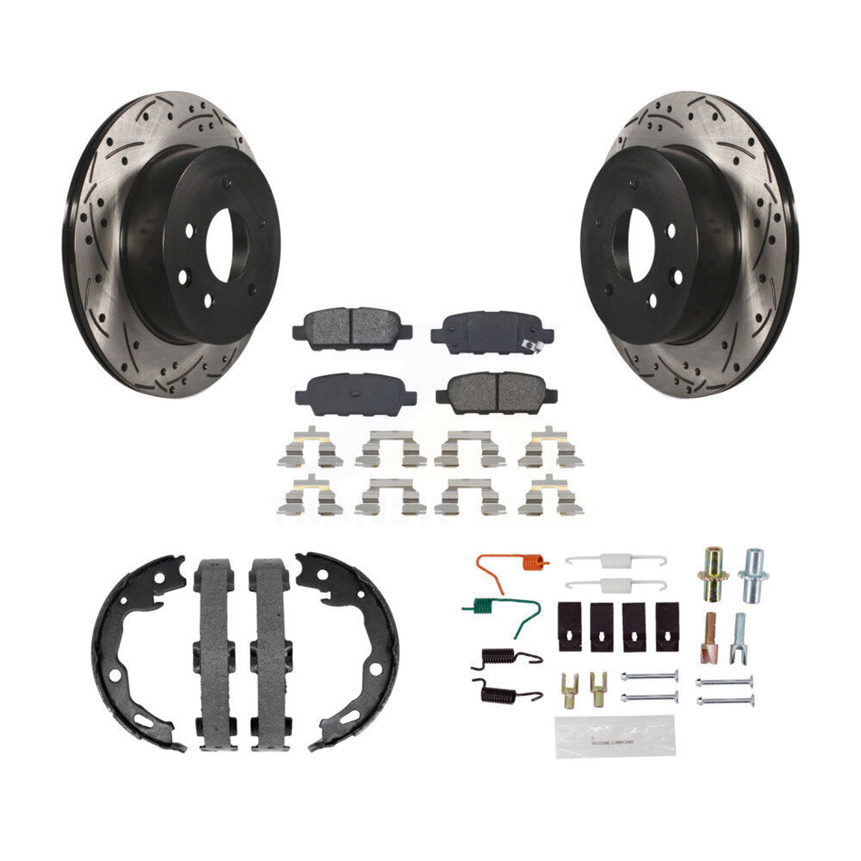 Rear Disc Drilled & Slotted Rotors Semi-Metallic Pads Parking Shoes And Hardware Kit For KDS-101390
