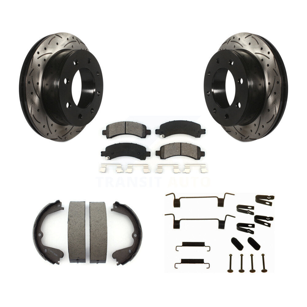 Rear Disc Drilled & Slotted Rotors Semi-Metallic Pads Parking Shoes And Hardware Kit For KDS-101393