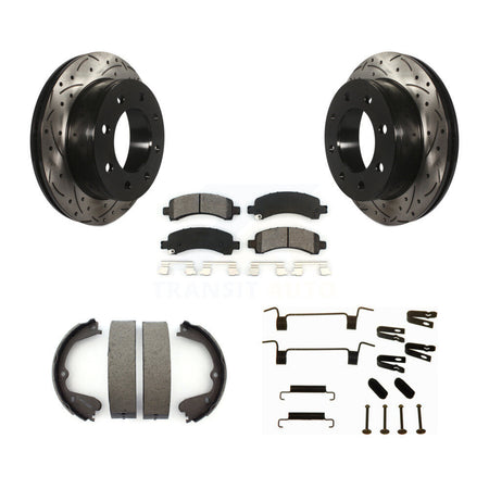 Rear Disc Drilled & Slotted Rotors Semi-Metallic Pads Parking Shoes And Hardware Kit For KDS-101393