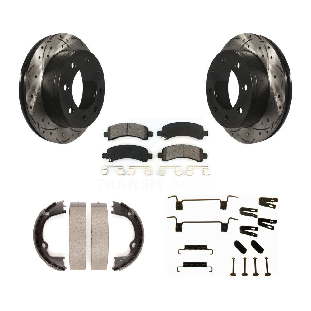 Rear Disc Drilled & Slotted Rotors Semi-Metallic Pads Parking Shoes Hardware Kit For 2500 KDS-101396