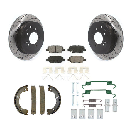 Rear Disc Drilled & Slotted Rotors Semi-Metallic Pads Parking Shoes Hardware Kit For Kia KDS-101397
