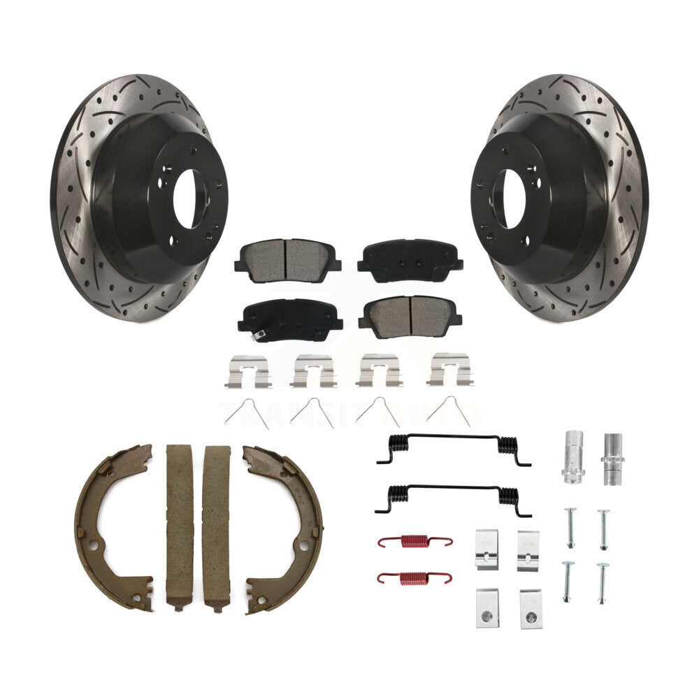 Rear Disc Drilled & Slotted Rotors Semi-Metallic Pads Parking Shoes Hardware Kit For Fe KDS-101401