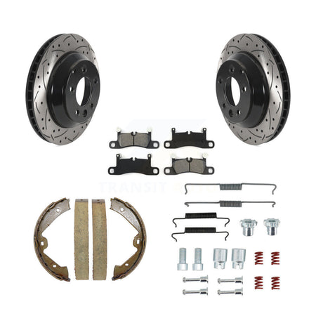Rear Disc Drilled & Slotted Rotors Semi-Metallic Pads Parking Shoes And Hardware Kit For KDS-101402