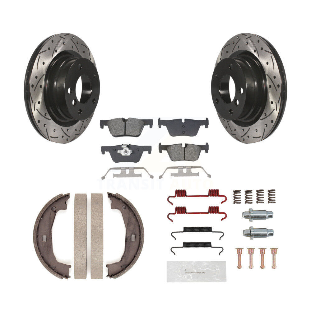 Rear Disc Drilled & Slotted Rotors Semi-Metallic Pads Parking Shoes Hardware Kit For BMW KDS-101404