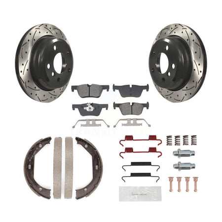 Rear Disc Drilled & Slotted Rotors Semi-Metallic Pads Parking Shoes Hardware Kit For BMW KDS-101405