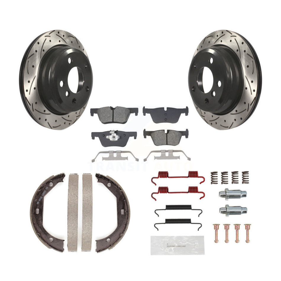 Rear Disc Drilled & Slotted Rotors Semi-Metallic Pads Parking Shoes Hardware Kit For BMW KDS-101405