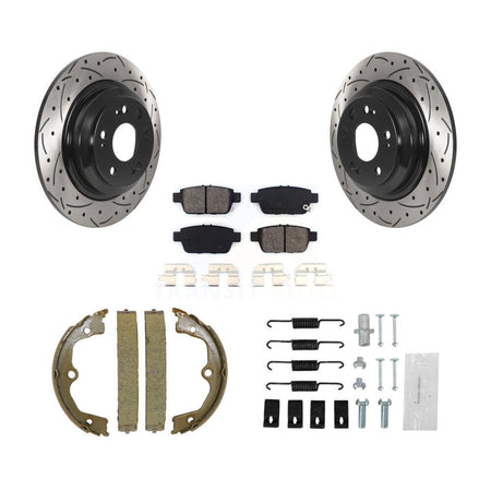 Rear Disc Drilled & Slotted Rotors Semi-Metallic Pads Parking Shoes And Hardware Kit For KDS-101412