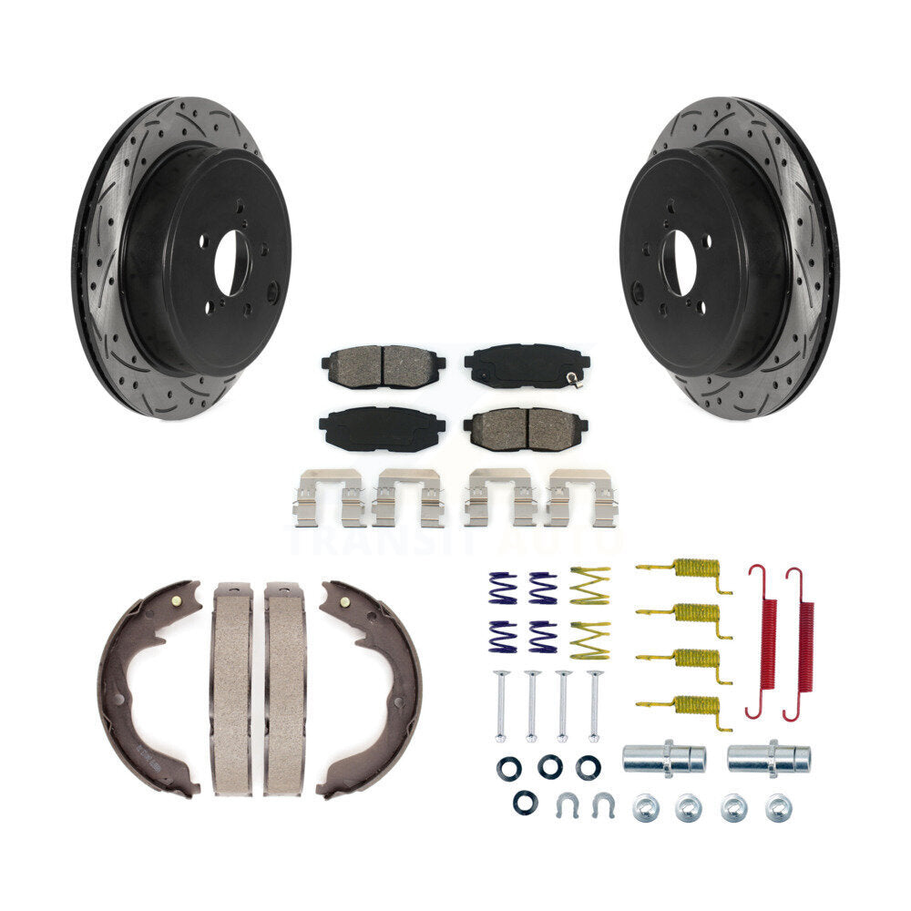 Rear Disc Drilled & Slotted Rotors Semi-Metallic Pads Parking Shoes And Hardware Kit For KDS-101413