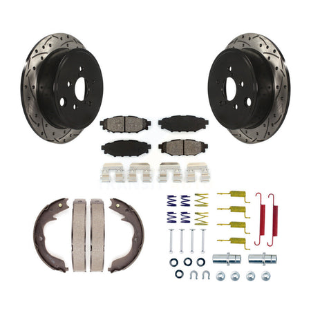 Rear Disc Drilled & Slotted Rotors Semi-Metallic Pads Parking Shoes And Hardware Kit For KDS-101414