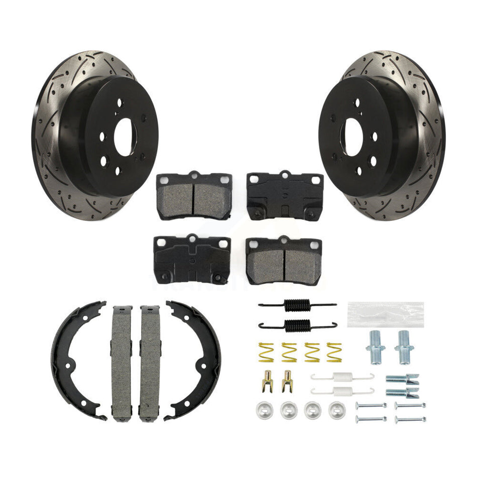 Rear Disc Drilled & Slotted Rotors Semi-Metallic Pads Parking Shoes And Hardware Kit For KDS-101415