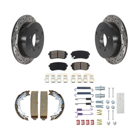Rear Disc Drilled & Slotted Rotors Semi-Metallic Pads Parking Shoes Hardware Kit For Kia KDS-101417
