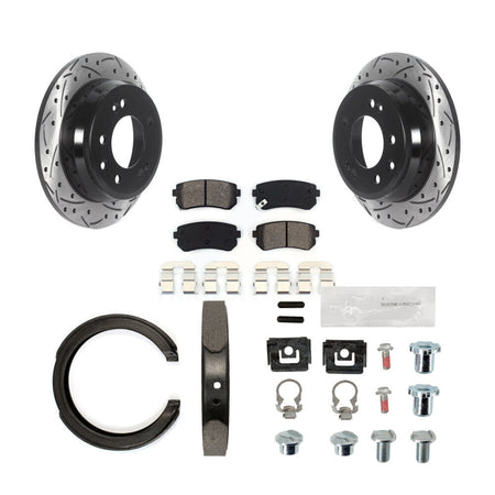 Rear Disc Drilled & Slotted Rotors Semi-Metallic Pads Parking Shoes And Hardware Kit For KDS-101419