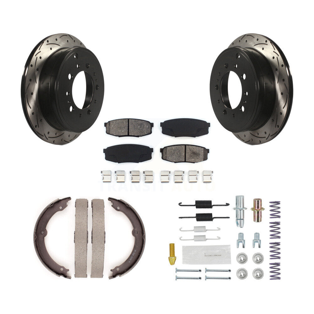 Rear Disc Drilled & Slotted Rotors Semi-Metallic Pads Parking Shoes Hardware Kit For Land KDS-101420