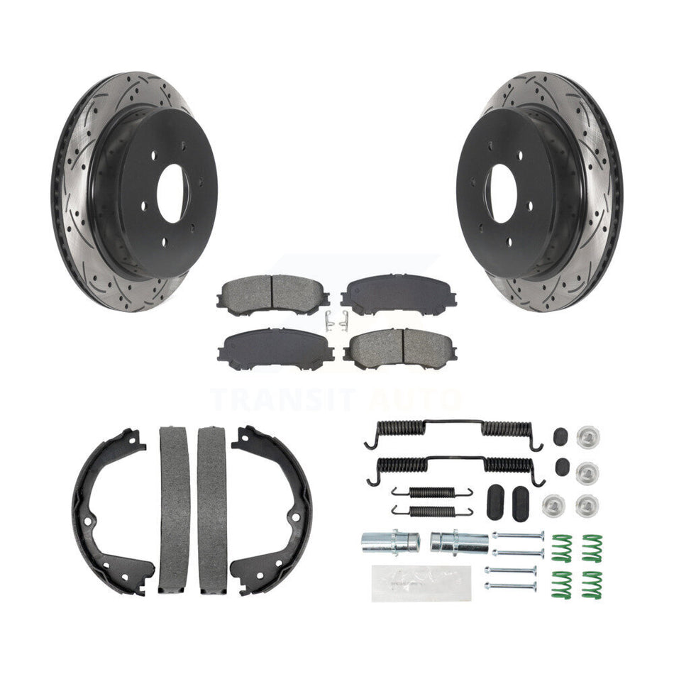 Rear Disc Drilled & Slotted Rotors Semi-Metallic Pads Parking Shoes And Hardware Kit For KDS-101421