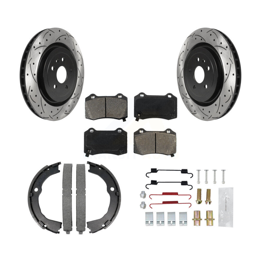 Rear Disc Drilled & Slotted Rotors Semi-Metallic Pads Parking Shoes Hardware Kit For CTS KDS-101422