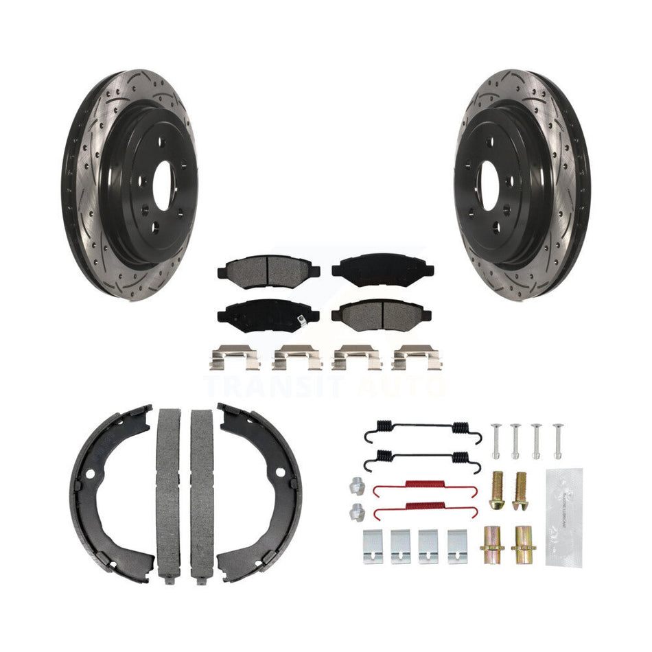 Rear Disc Drilled & Slotted Rotors Semi-Metallic Pads Parking Shoes Hardware Kit For CTS KDS-101423