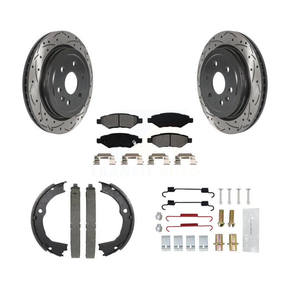 Rear Disc Drilled & Slotted Rotors Semi-Metallic Pads Parking Shoes And Hardware Kit For KDS-101424