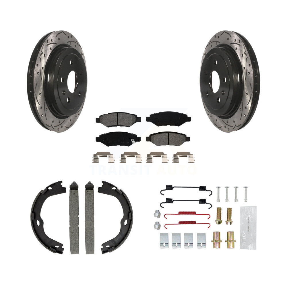 Rear Disc Drilled & Slotted Rotors Semi-Metallic Pads Parking Shoes And Hardware Kit For KDS-101425