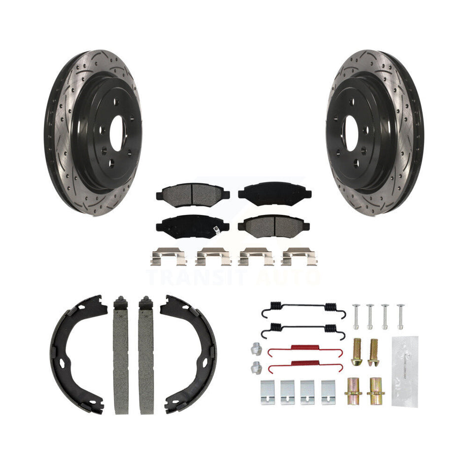 Rear Disc Drilled & Slotted Rotors Semi-Metallic Pads Parking Shoes And Hardware Kit For KDS-101425