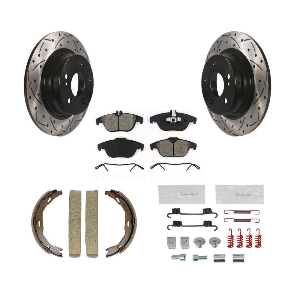 Rear Disc Drilled & Slotted Rotors Semi-Metallic Pads Parking Shoes Hardware Kit For C300 KDS-101428