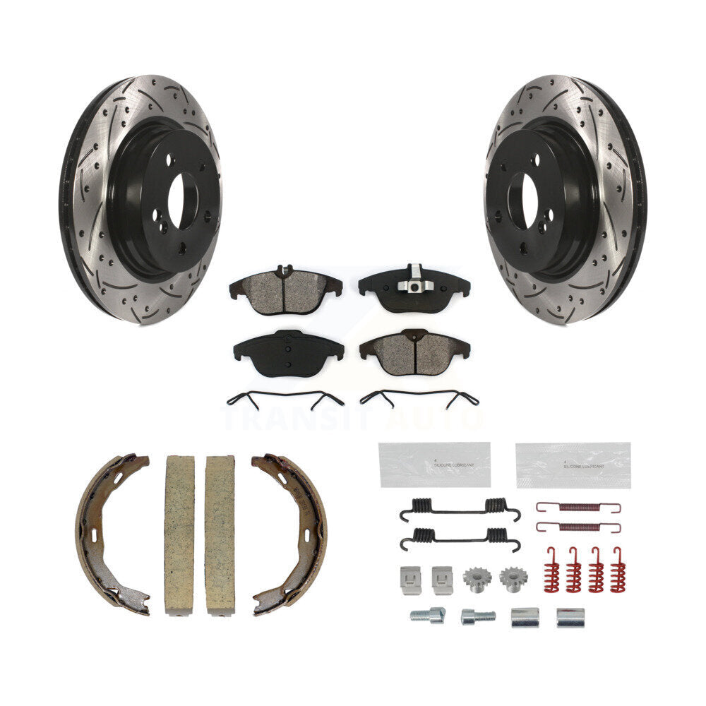Rear Disc Drilled & Slotted Rotors Semi-Metallic Pads Parking Shoes Hardware Kit For C300 KDS-101429