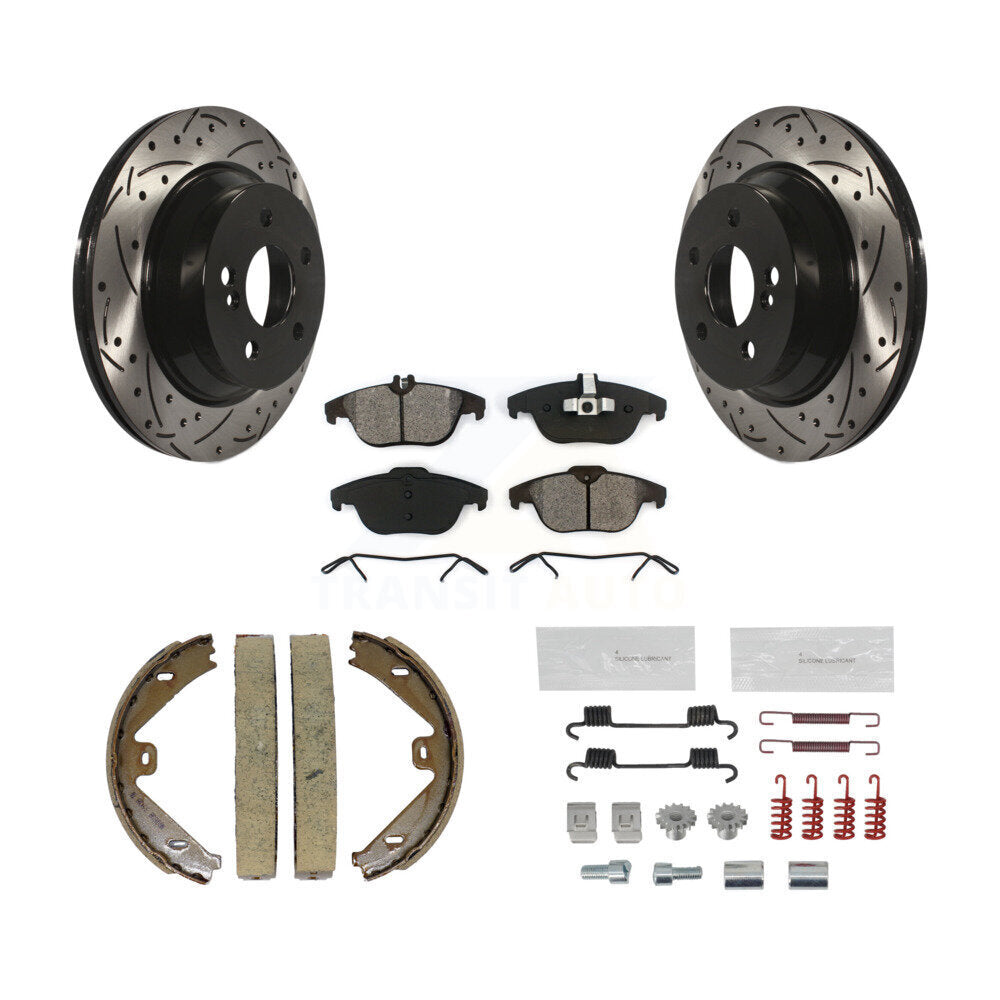 Rear Disc Drilled & Slotted Rotors Semi-Metallic Pads Parking Shoes And Hardware Kit For KDS-101430