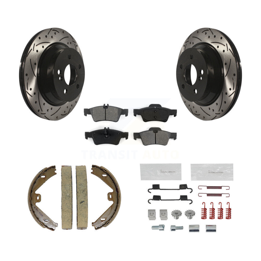 Rear Disc Drilled & Slotted Rotors Semi-Metallic Pads Parking Shoes Hardware Kit For E350 KDS-101431