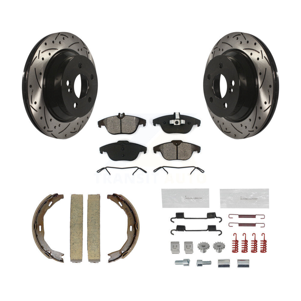 Rear Disc Drilled & Slotted Rotors Semi-Metallic Pads Parking Shoes Hardware Kit For E350 KDS-101433