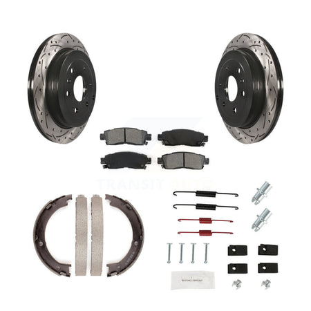 Rear Disc Drilled & Slotted Rotors Semi-Metallic Pads Parking Shoes Hardware Kit For GMC KDS-101435