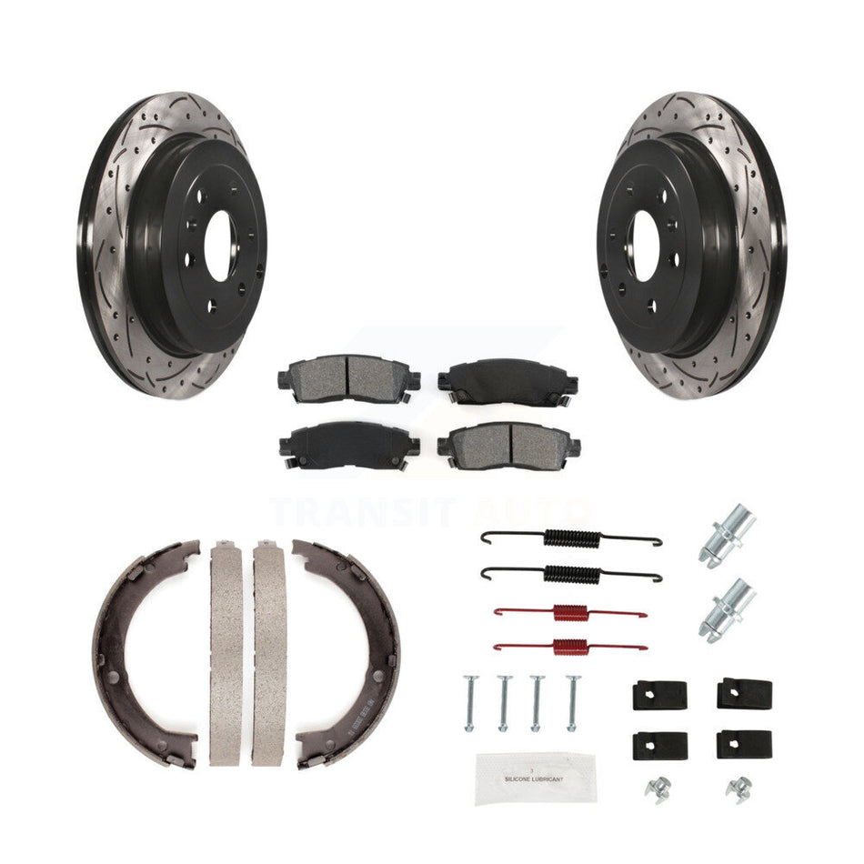 Rear Disc Drilled & Slotted Rotors Semi-Metallic Pads Parking Shoes Hardware Kit For GMC KDS-101435